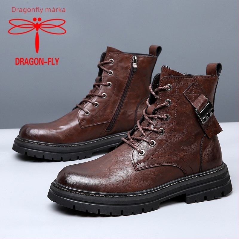 Dragonfly márkájú férfi bőrbakancsok brit stílusú Martin típusú, alacsony cső, felsőrész első réteg marhabőrből, belső rész és talpbetét sertésbőrből, vulkanizált gumi talp, magasságot növelő funkció