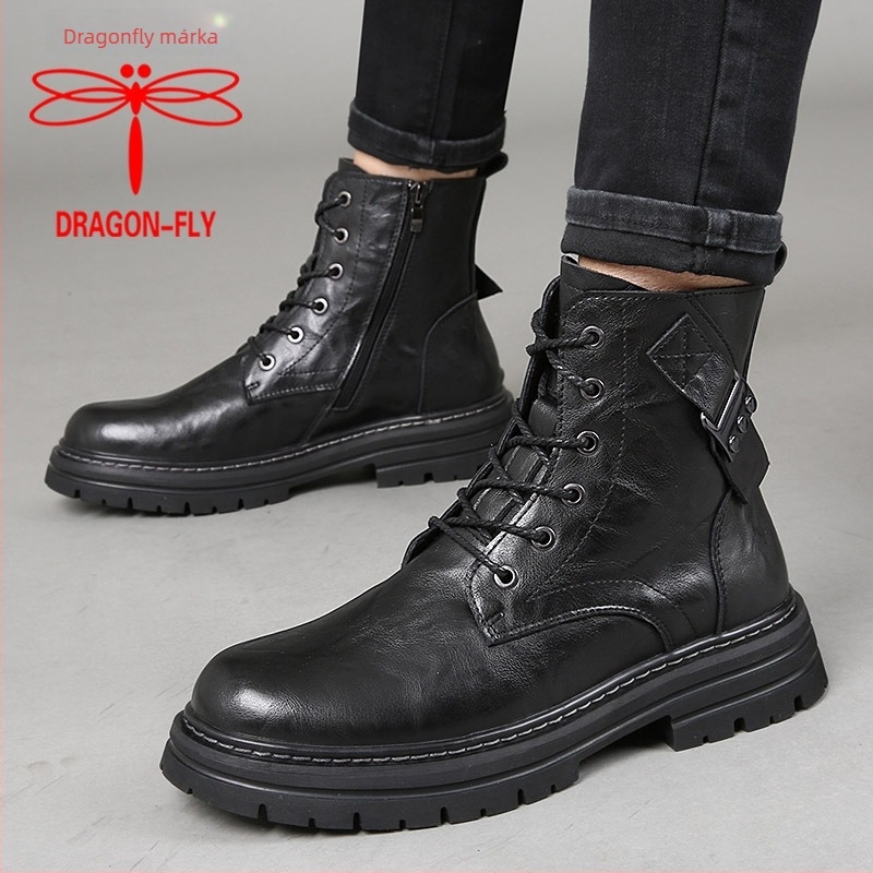 Dragonfly márkájú férfi bőrbakancsok brit stílusú Martin típusú, alacsony cső, felsőrész első réteg marhabőrből, belső rész és talpbetét sertésbőrből, vulkanizált gumi talp, magasságot növelő funkció