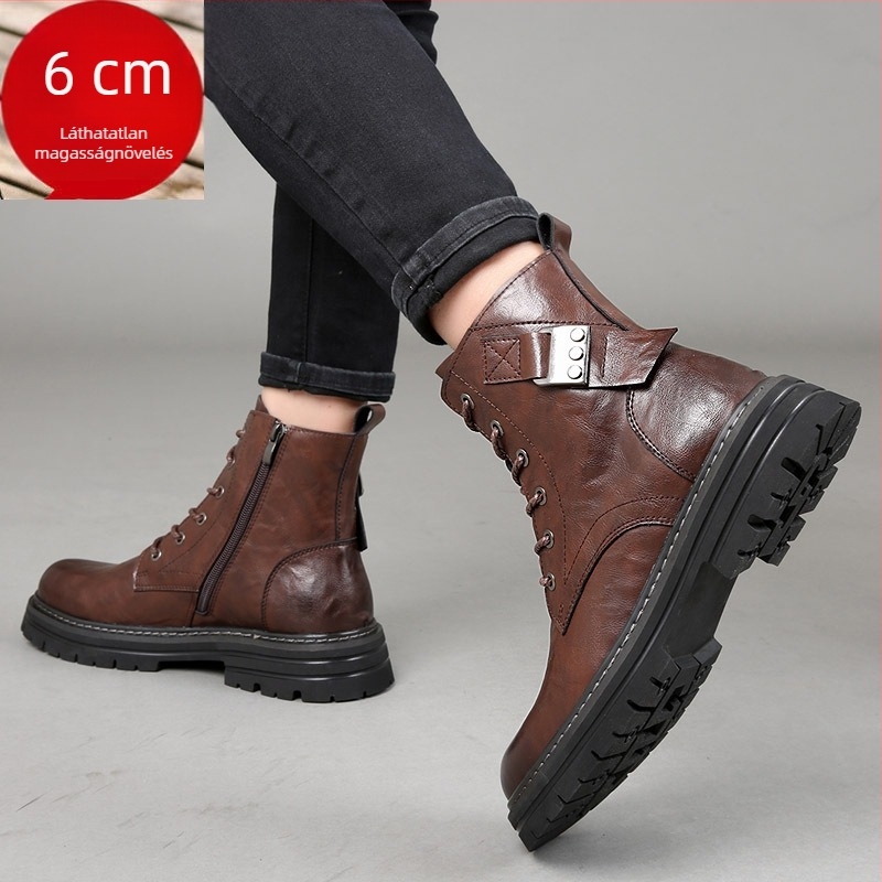 Dragonfly márkájú férfi bőrbakancsok brit stílusú Martin típusú, alacsony cső, felsőrész első réteg marhabőrből, belső rész és talpbetét sertésbőrből, vulkanizált gumi talp, magasságot növelő funkció