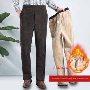 Corduroy béléses férfi casual nadrág, magas derék, laza szabású, egyenes szár, középkorú és idősebb férfiak számára