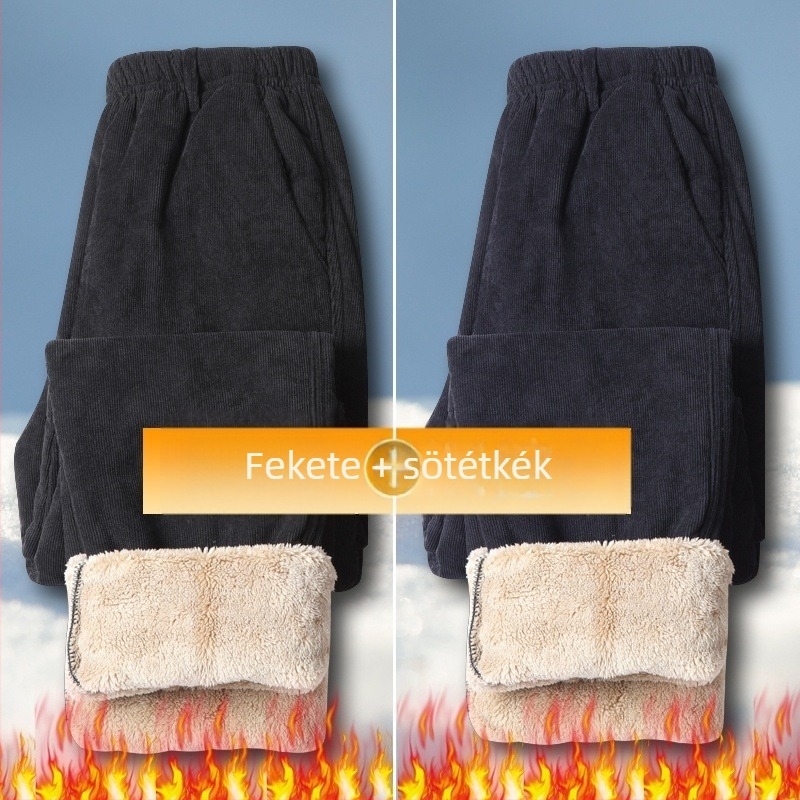 Corduroy béléses férfi casual nadrág, magas derék, laza szabású, egyenes szár, középkorú és idősebb férfiak számára