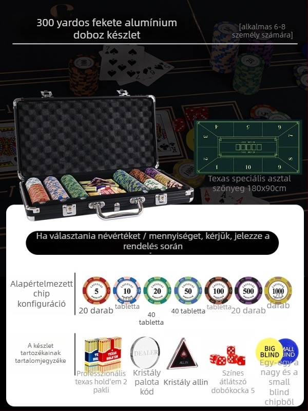Texas Hold'em agyag zseton készlet alumínium dobozban, rozsdamentes acél szerkezettel, derékszögű dizájn, modell YTH960467850261