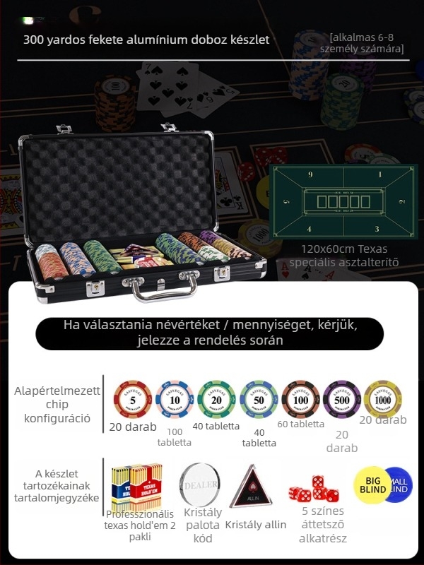 Texas Hold'em agyag zseton készlet alumínium dobozban, rozsdamentes acél szerkezettel, derékszögű dizájn, modell YTH960467850261