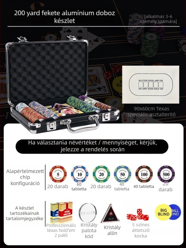 Texas Hold'em agyag zseton készlet alumínium dobozban, rozsdamentes acél szerkezettel, derékszögű dizájn, modell YTH960467850261