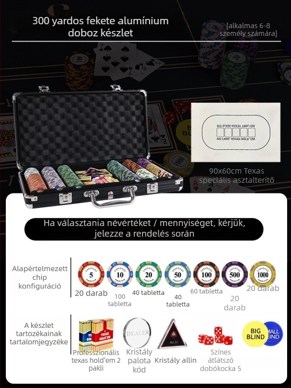 Texas Hold'em agyag zseton készlet alumínium dobozban, rozsdamentes acél szerkezettel, derékszögű dizájn, modell YTH960467850261