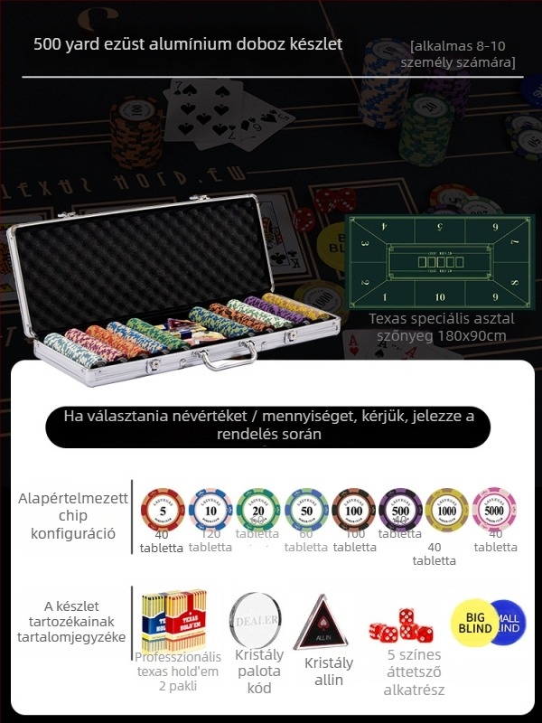 Texas Hold'em agyag zseton készlet alumínium dobozban, rozsdamentes acél szerkezettel, derékszögű dizájn, modell YTH960467850261
