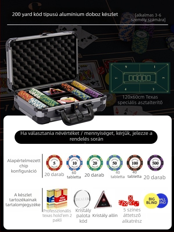 Texas Hold'em agyag zseton készlet alumínium dobozban, rozsdamentes acél szerkezettel, derékszögű dizájn, modell YTH960467850261