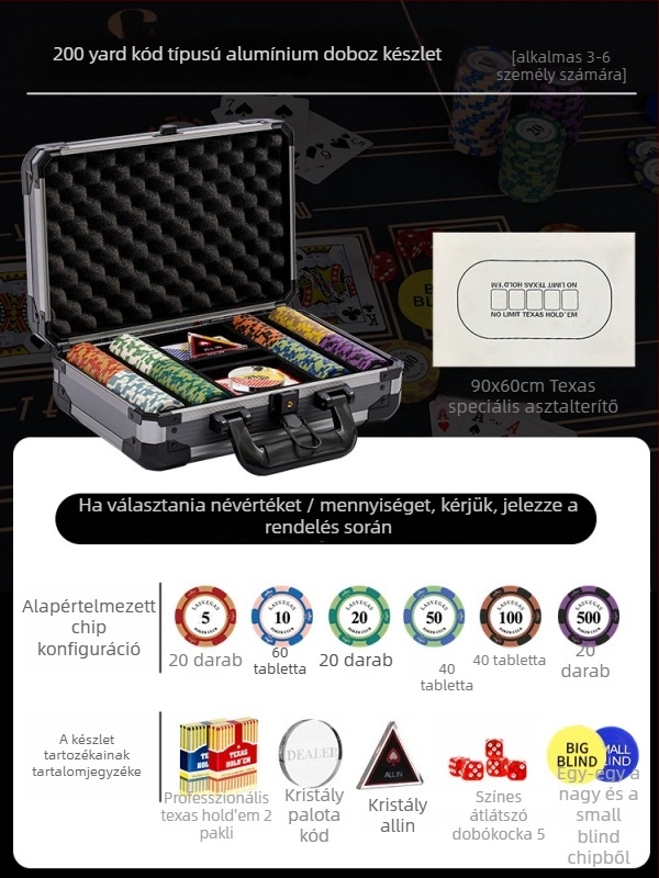 Texas Hold'em agyag zseton készlet alumínium dobozban, rozsdamentes acél szerkezettel, derékszögű dizájn, modell YTH960467850261