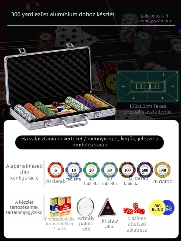 Texas Hold'em agyag zseton készlet alumínium dobozban, rozsdamentes acél szerkezettel, derékszögű dizájn, modell YTH960467850261