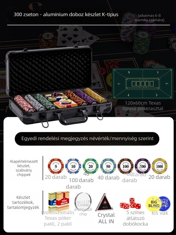 Texas Hold'em agyag zseton készlet alumínium dobozban, rozsdamentes acél szerkezettel, derékszögű dizájn, modell YTH960467850261