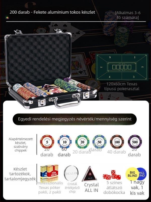 Texas Hold'em agyag zseton készlet alumínium dobozban, rozsdamentes acél szerkezettel, derékszögű dizájn, modell YTH960467850261