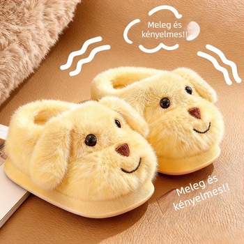 Uniszex gyerek téli beltéri papucs velúr felsőrésszel, rajzolt kutyás mintával, csúszásmentes PVC talppal, vastag belső párnázással