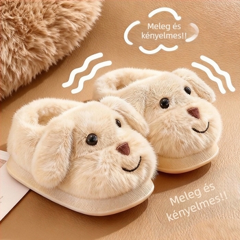 Uniszex gyerek téli beltéri papucs velúr felsőrésszel, rajzolt kutyás mintával, csúszásmentes PVC talppal, vastag belső párnázással