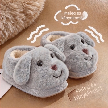 Uniszex gyerek téli beltéri papucs velúr felsőrésszel, rajzolt kutyás mintával, csúszásmentes PVC talppal, vastag belső párnázással