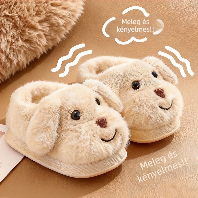Uniszex gyerek téli beltéri papucs velúr felsőrésszel, rajzolt kutyás mintával, csúszásmentes PVC talppal, vastag belső párnázással