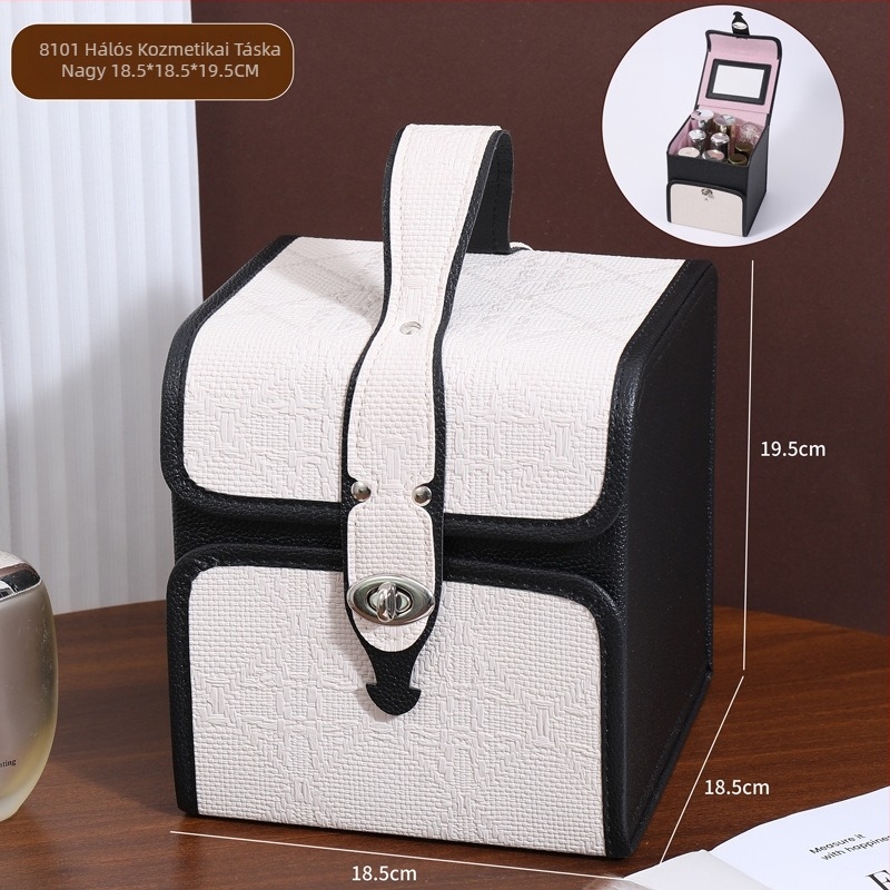 Kozmetikai tároló doboz összecsukható, hordozható, nagy kapacitású; anyag PC; tömeg 1,2 kg; bővítő réteg igen; nyitási mód zárkapocs; minden irányba mozgó kerekek.