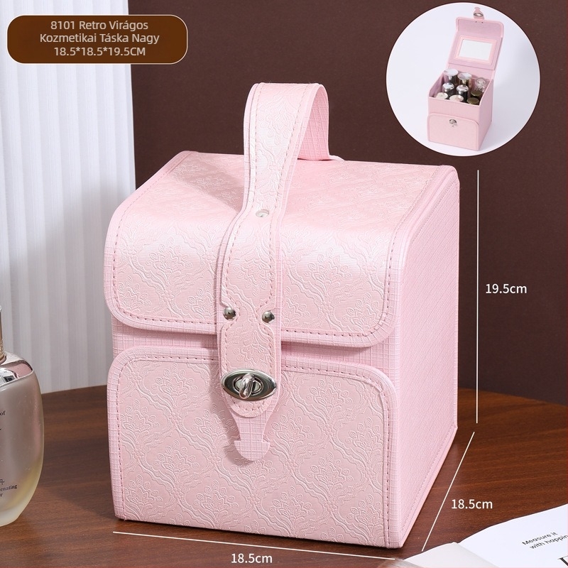 Kozmetikai tároló doboz összecsukható, hordozható, nagy kapacitású; anyag PC; tömeg 1,2 kg; bővítő réteg igen; nyitási mód zárkapocs; minden irányba mozgó kerekek.