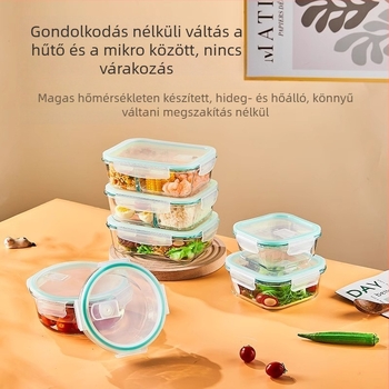 Üveg ebédes doboz, kör alakú, magas boroszilikát üveg, kapacitás 1–2 L, mikrohullámú sütőben használható