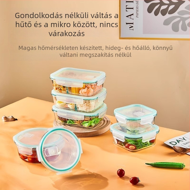 Üveg ebédes doboz, kör alakú, magas boroszilikát üveg, kapacitás 1–2 L, mikrohullámú sütőben használható