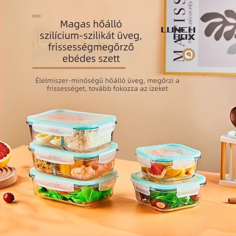 Üveg ebédes doboz, kör alakú, magas boroszilikát üveg, kapacitás 1–2 L, mikrohullámú sütőben használható