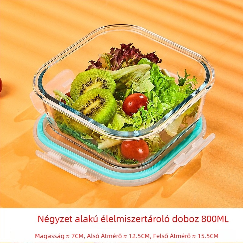 Üveg ebédes doboz, kör alakú, magas boroszilikát üveg, kapacitás 1–2 L, mikrohullámú sütőben használható