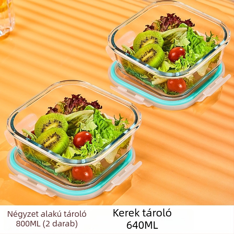 Üveg ebédes doboz, kör alakú, magas boroszilikát üveg, kapacitás 1–2 L, mikrohullámú sütőben használható