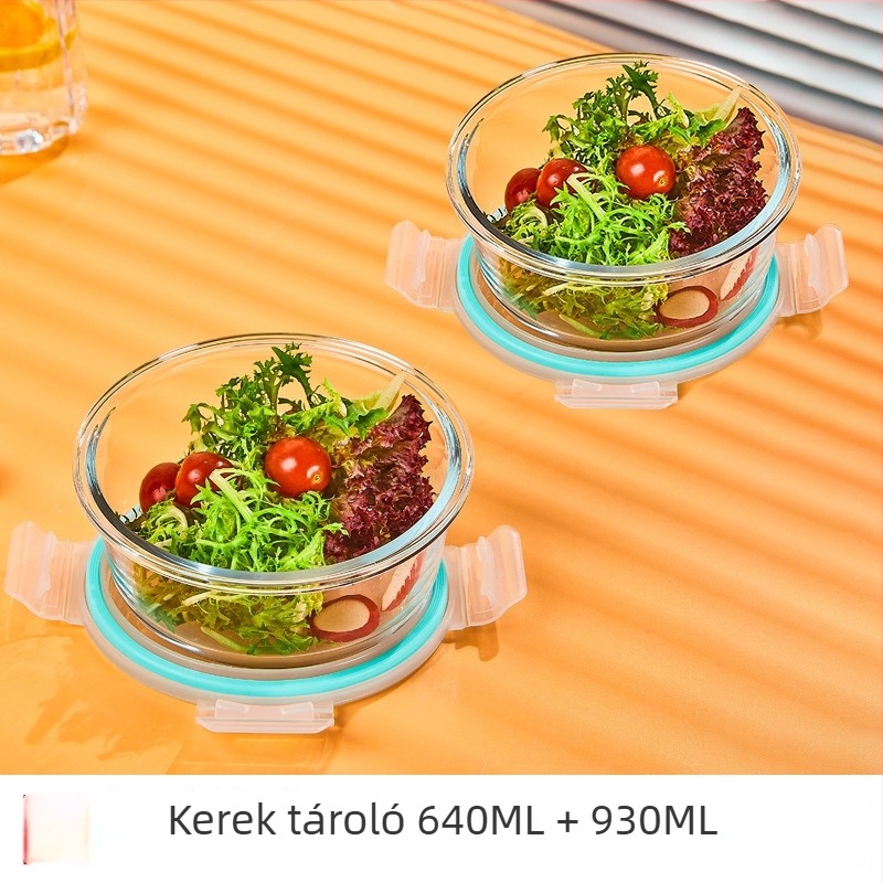 Üveg ebédes doboz, kör alakú, magas boroszilikát üveg, kapacitás 1–2 L, mikrohullámú sütőben használható