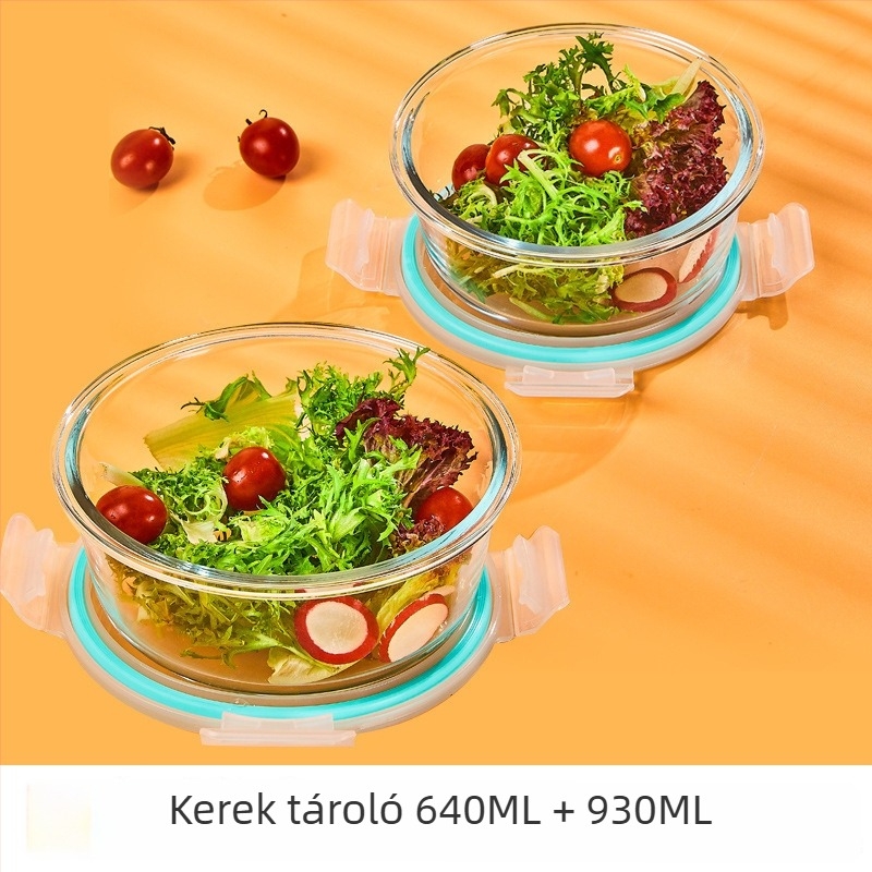 Üveg ebédes doboz, kör alakú, magas boroszilikát üveg, kapacitás 1–2 L, mikrohullámú sütőben használható