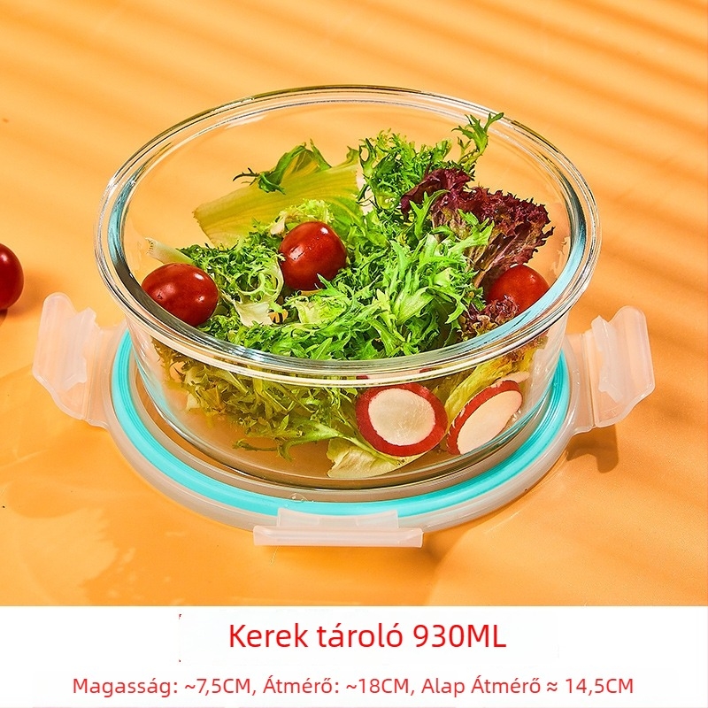 Üveg ebédes doboz, kör alakú, magas boroszilikát üveg, kapacitás 1–2 L, mikrohullámú sütőben használható