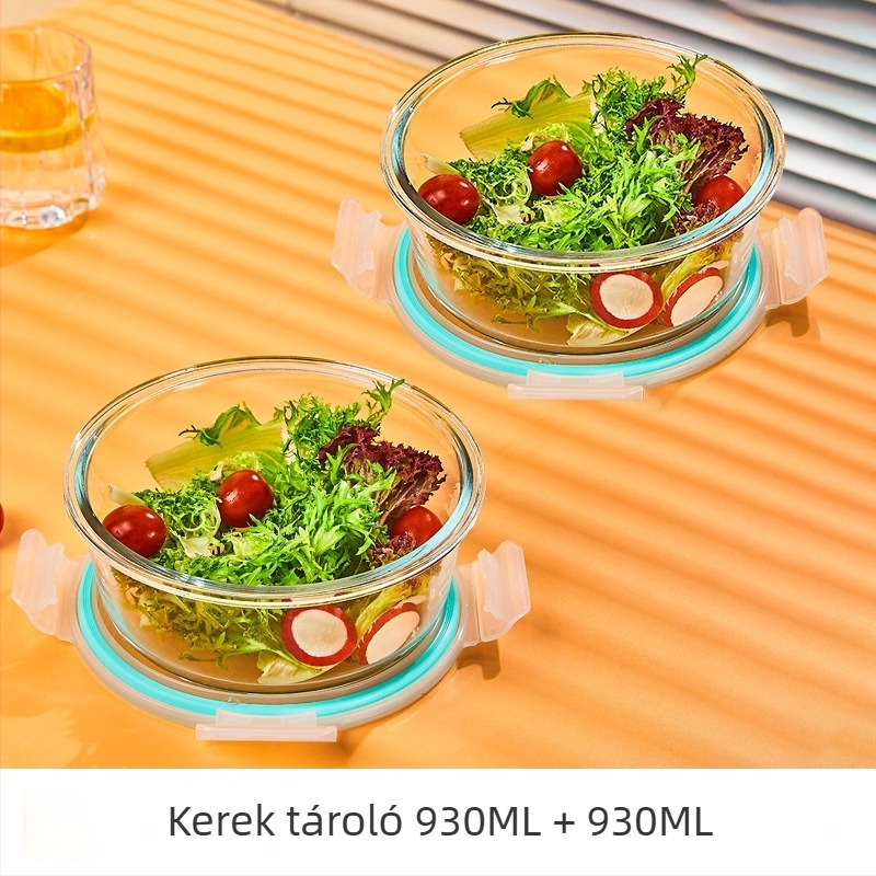Üveg ebédes doboz, kör alakú, magas boroszilikát üveg, kapacitás 1–2 L, mikrohullámú sütőben használható