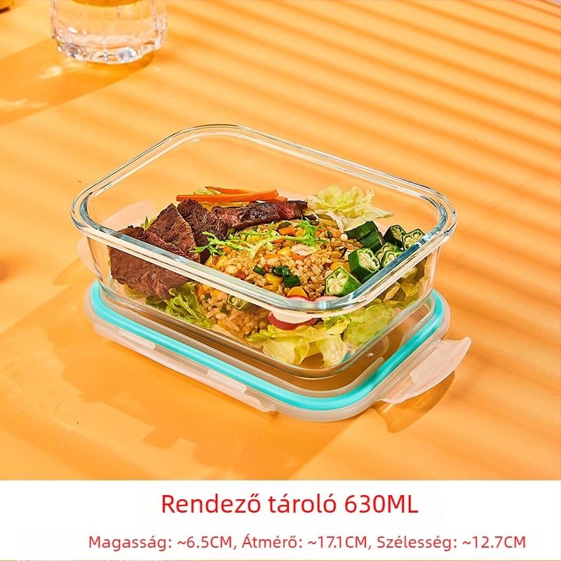 Üveg ebédes doboz, kör alakú, magas boroszilikát üveg, kapacitás 1–2 L, mikrohullámú sütőben használható