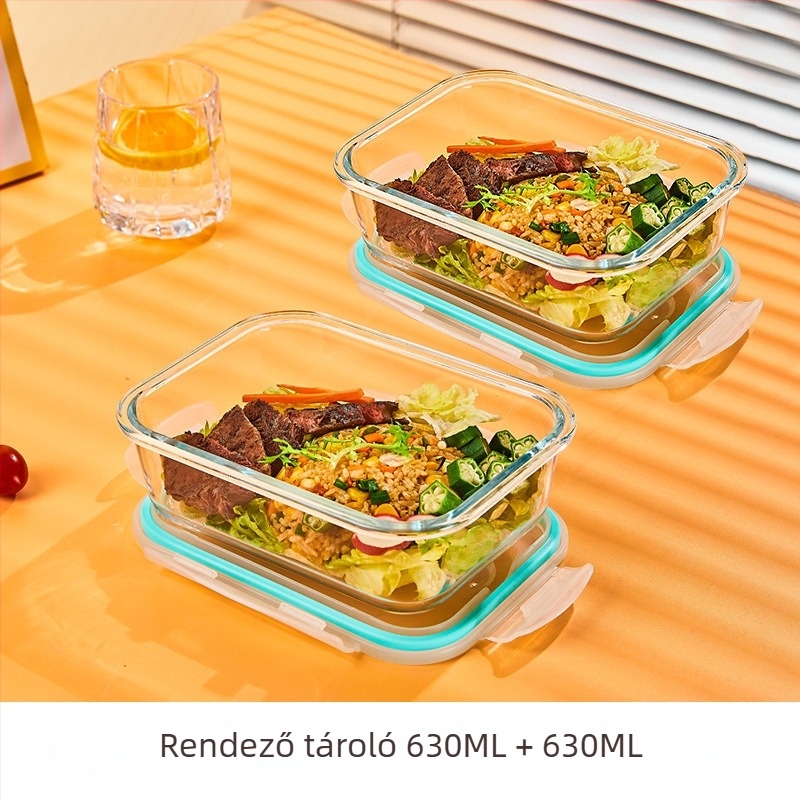 Üveg ebédes doboz, kör alakú, magas boroszilikát üveg, kapacitás 1–2 L, mikrohullámú sütőben használható