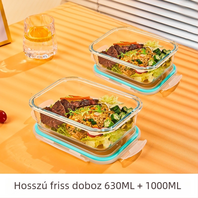 Üveg ebédes doboz, kör alakú, magas boroszilikát üveg, kapacitás 1–2 L, mikrohullámú sütőben használható