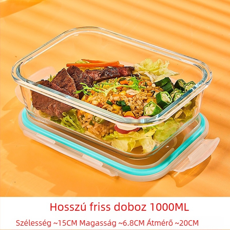 Üveg ebédes doboz, kör alakú, magas boroszilikát üveg, kapacitás 1–2 L, mikrohullámú sütőben használható