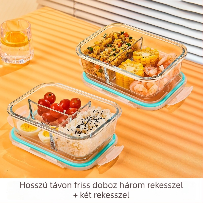 Üveg ebédes doboz, kör alakú, magas boroszilikát üveg, kapacitás 1–2 L, mikrohullámú sütőben használható