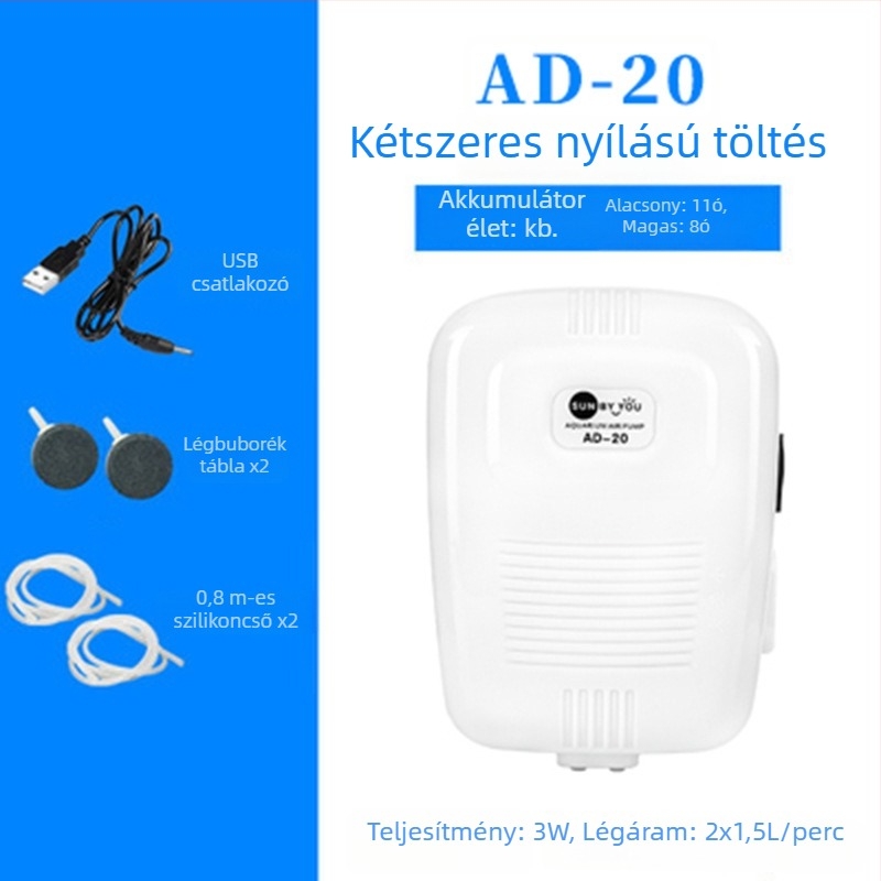 Spirit Companion oxigénszivattyú akváriumhoz – ultra halk, hordozható, USB-töltéses, DC-tápellátás, kettős használat