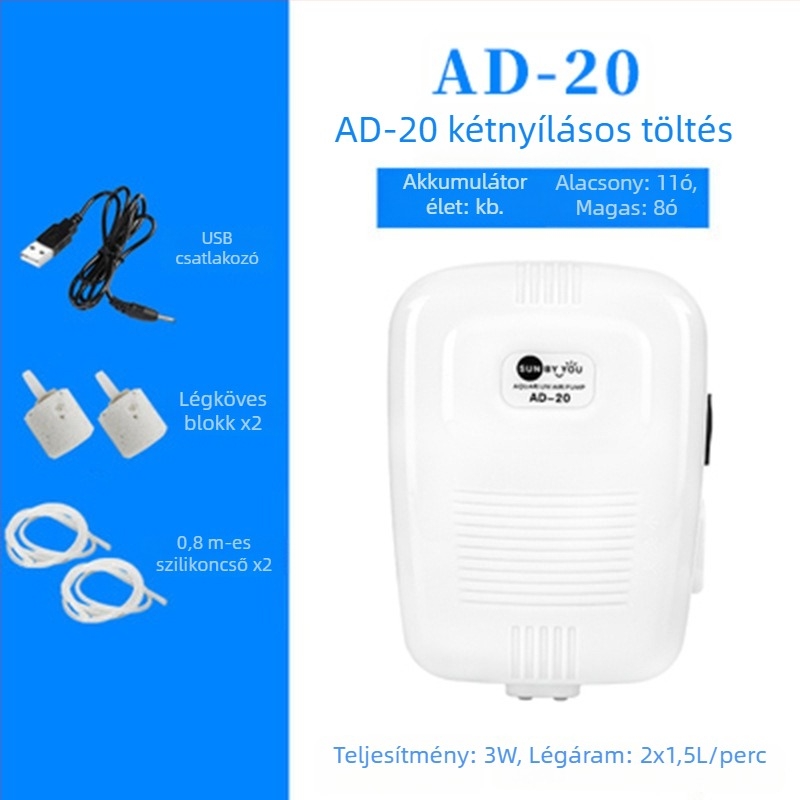 Spirit Companion oxigénszivattyú akváriumhoz – ultra halk, hordozható, USB-töltéses, DC-tápellátás, kettős használat