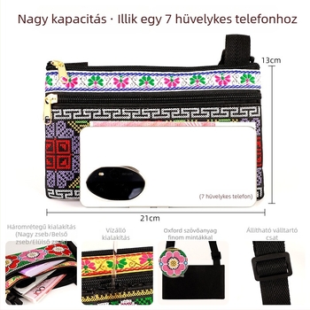 Hímzett keresztpántos táska Oxford anyagból, cipzáras nyitás, belső cipzáras zseb, egy vállpánt, az új nemzeti trend stílusa