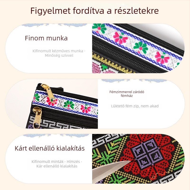 Hímzett keresztpántos táska Oxford anyagból, cipzáras nyitás, belső cipzáras zseb, egy vállpánt, az új nemzeti trend stílusa