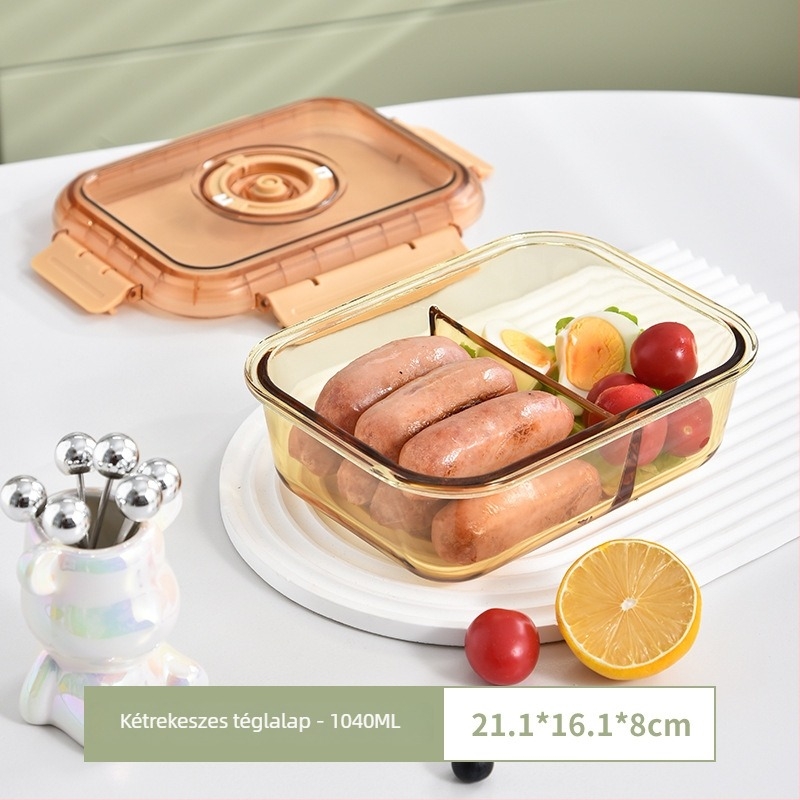 Üveges ebédes doboz kettős rekesszel, élelmiszerbiztos üveg, frissesség megőrzése, mikrohullámú sütőben használható