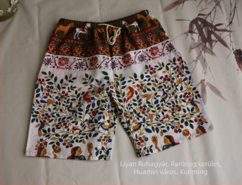 Thaiföldi elefánt mintás pamut-len keverék rövidnadrág, cropped hossz, egyenes szabás, 94% pamut, mikro rugalmasság, nemzeti stílus