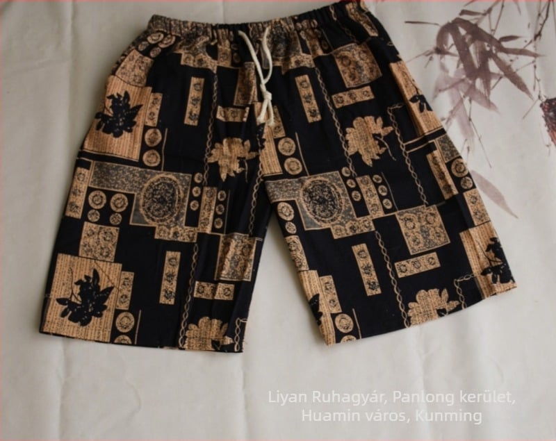 Thaiföldi elefánt mintás pamut-len keverék rövidnadrág, cropped hossz, egyenes szabás, 94% pamut, mikro rugalmasság, nemzeti stílus