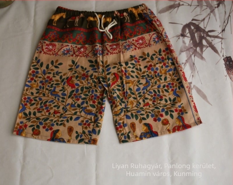 Thaiföldi elefánt mintás pamut-len keverék rövidnadrág, cropped hossz, egyenes szabás, 94% pamut, mikro rugalmasság, nemzeti stílus