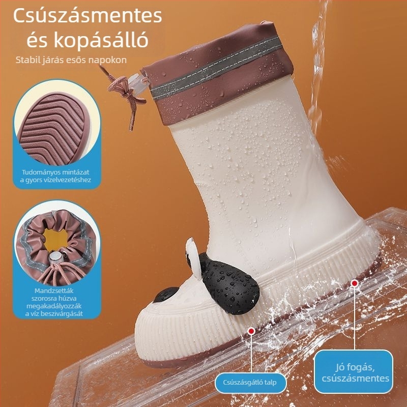 Gyerekeknek való esőcsizma nagy szemű kutya motívummal, vízálló PVC felső rész, fleece bélés, középmagas szár, minden évszakra