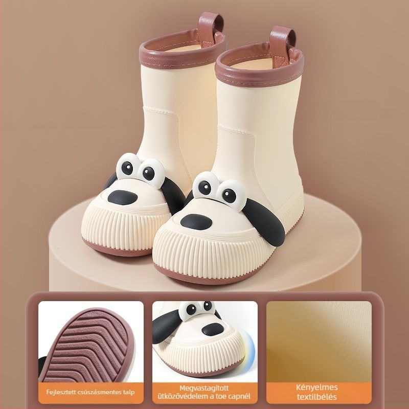Gyerekeknek való esőcsizma nagy szemű kutya motívummal, vízálló PVC felső rész, fleece bélés, középmagas szár, minden évszakra
