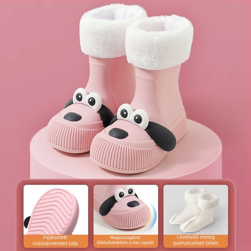 Gyerekeknek való esőcsizma nagy szemű kutya motívummal, vízálló PVC felső rész, fleece bélés, középmagas szár, minden évszakra