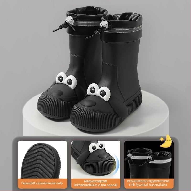 Gyerekeknek való esőcsizma nagy szemű kutya motívummal, vízálló PVC felső rész, fleece bélés, középmagas szár, minden évszakra