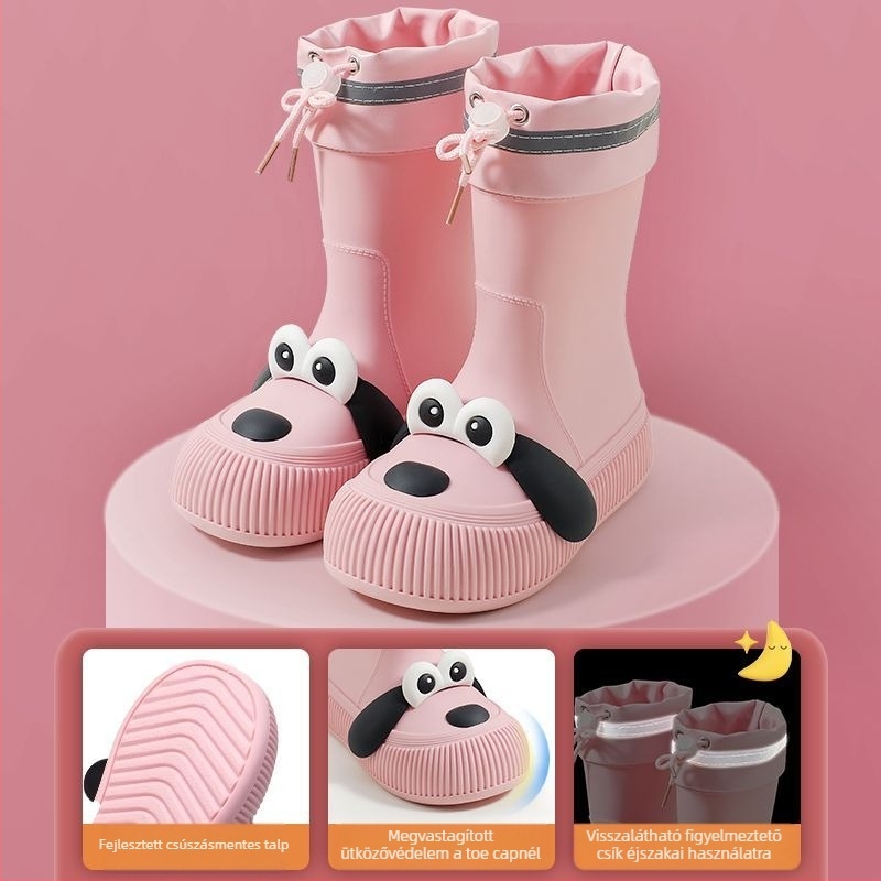 Gyerekeknek való esőcsizma nagy szemű kutya motívummal, vízálló PVC felső rész, fleece bélés, középmagas szár, minden évszakra