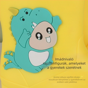 Gyerekeknek készült esőcsizma dinoszaurusz mintával, rugalmas felső rész, középmagas szár, csúszásmentes talp, PVC