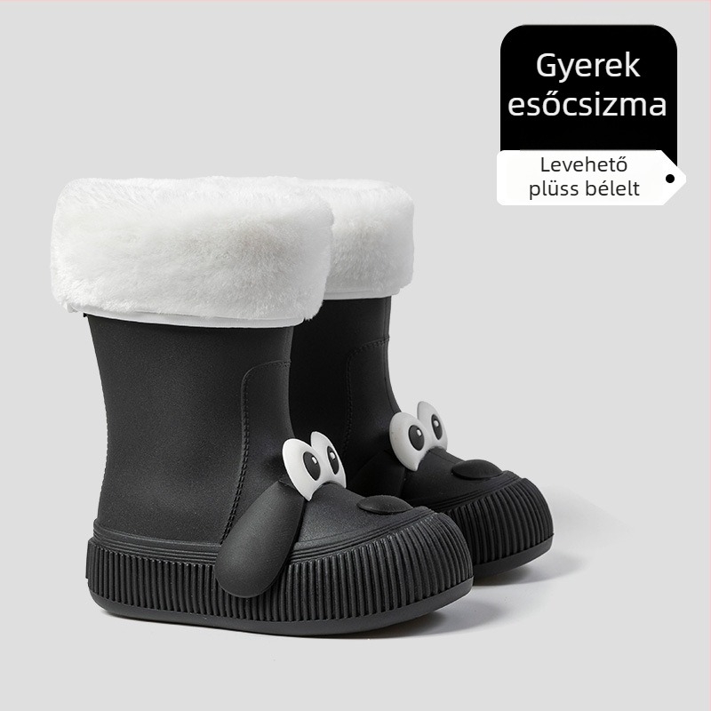 Gyerekeknek esőcsizma Cartoon mintával, PVC felsőrész, középmagas csizma, fleece-bélelt, uniszex, 13–16 éveseknek